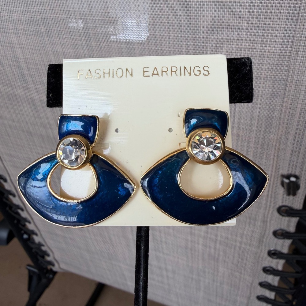 Vintage 80s Blue Enamel Gold Tone Fan Earrings Geometric Statement Rhinestone‎